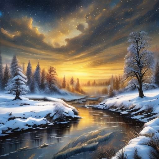 Dreamy Winter Village Scene Under Starry Night Sky in Whimsi...