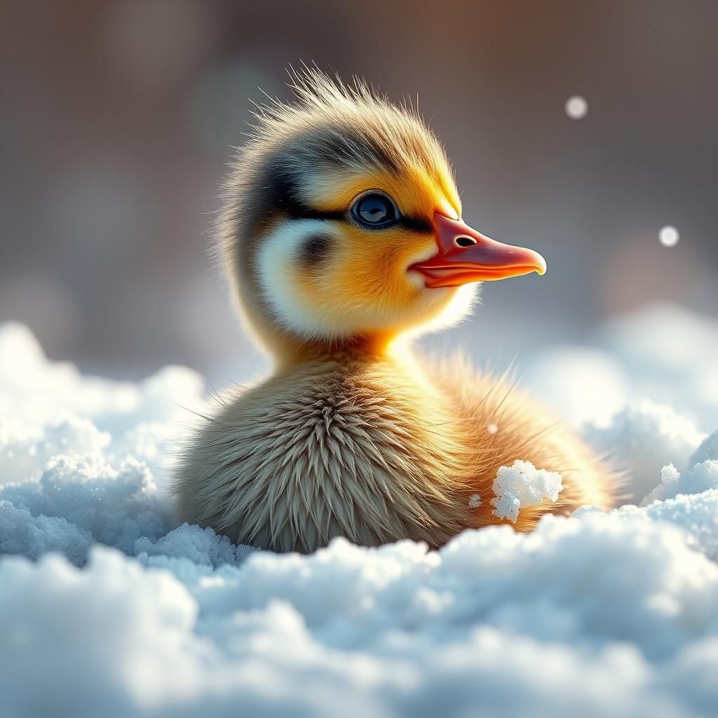 Cute Duckling in Snow: Hyperrealistic Splash Art