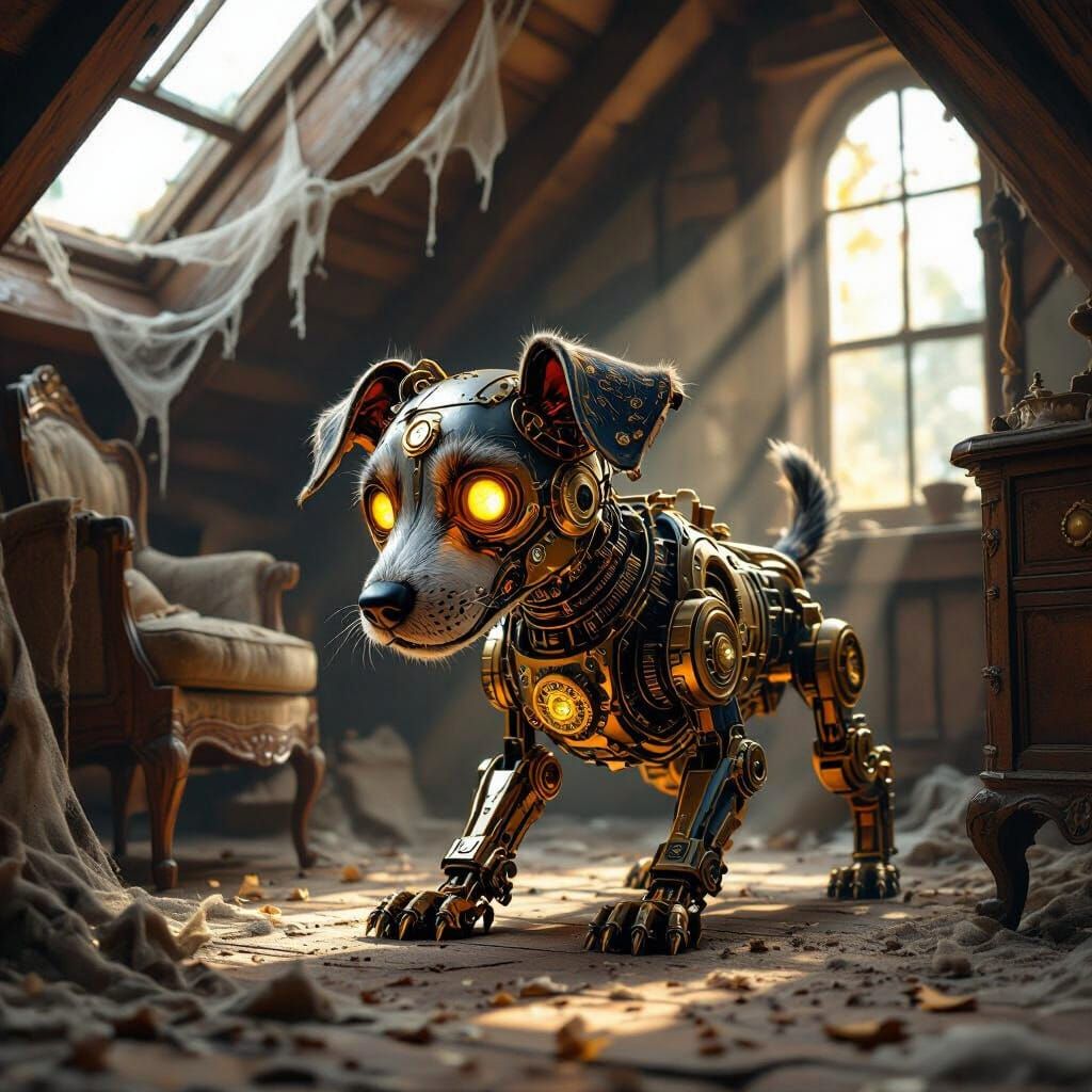 Steampunk Clockwork Dog in Dusty Victorian Attic