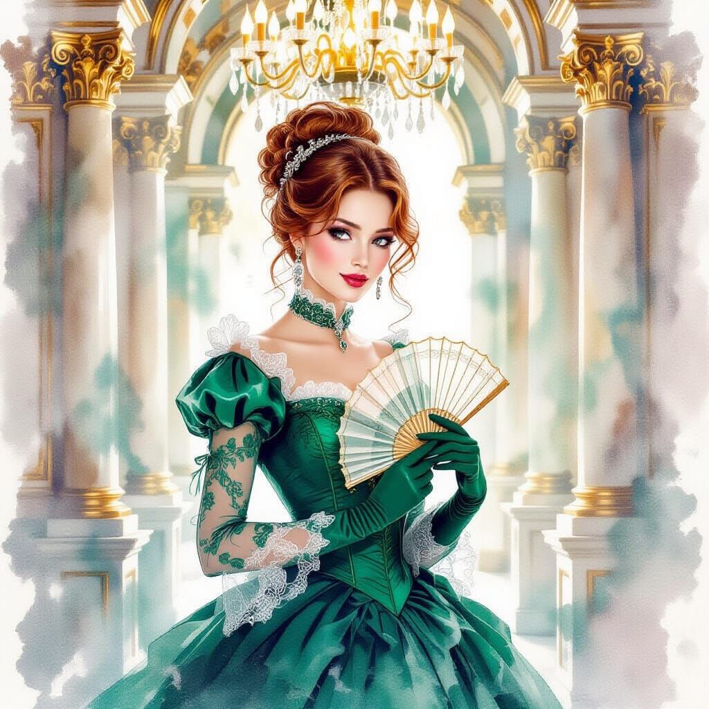 Victorian Woman in Emerald Gown Watercolour Portrait