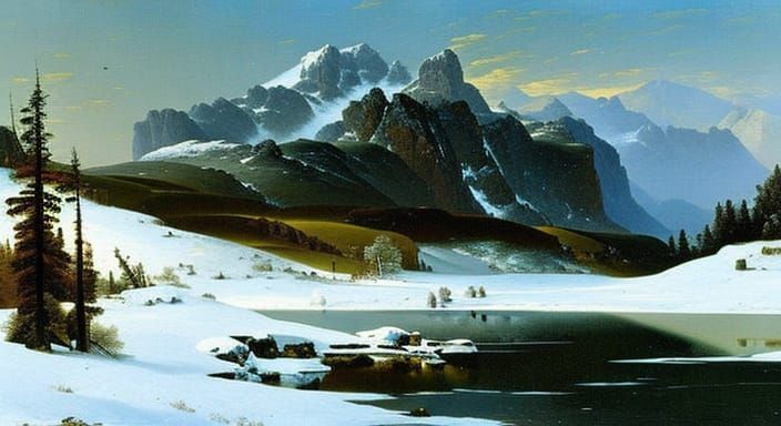 Winter Lake Mountain Scene as a Masterful Painting