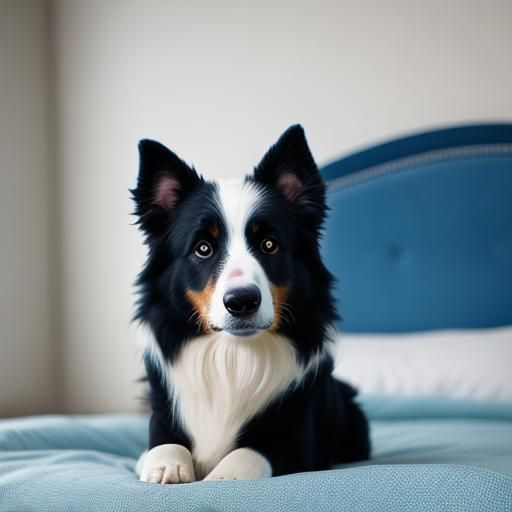 Border Collie Relaxing on Blue Bed: Professional Dog Portrai...