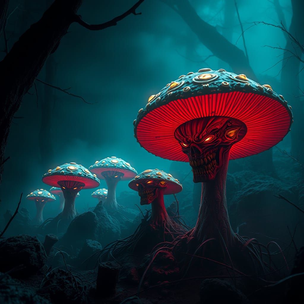 Twisted, Glowing Mushrooms Emerge from Dark Fantasy Forest