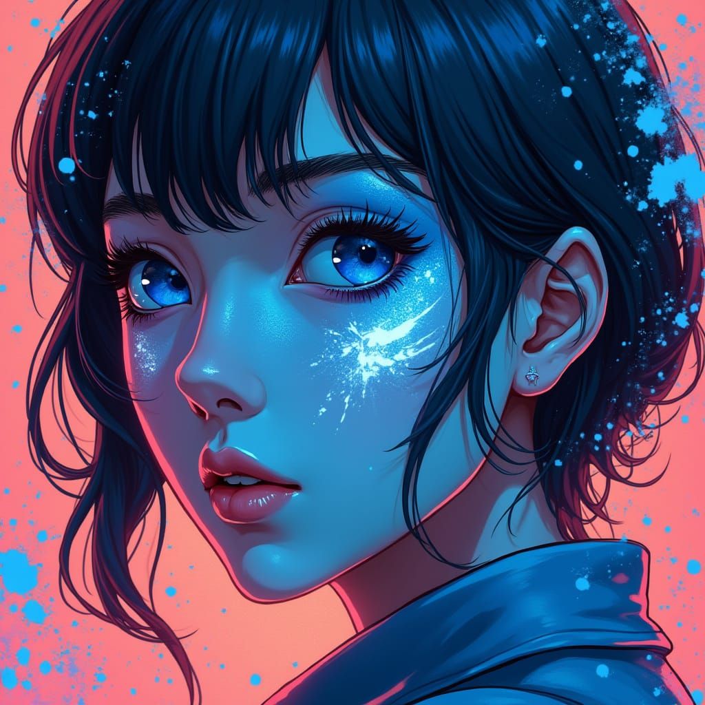 Anime Woman with Blue Monster Features in Pop Art Style