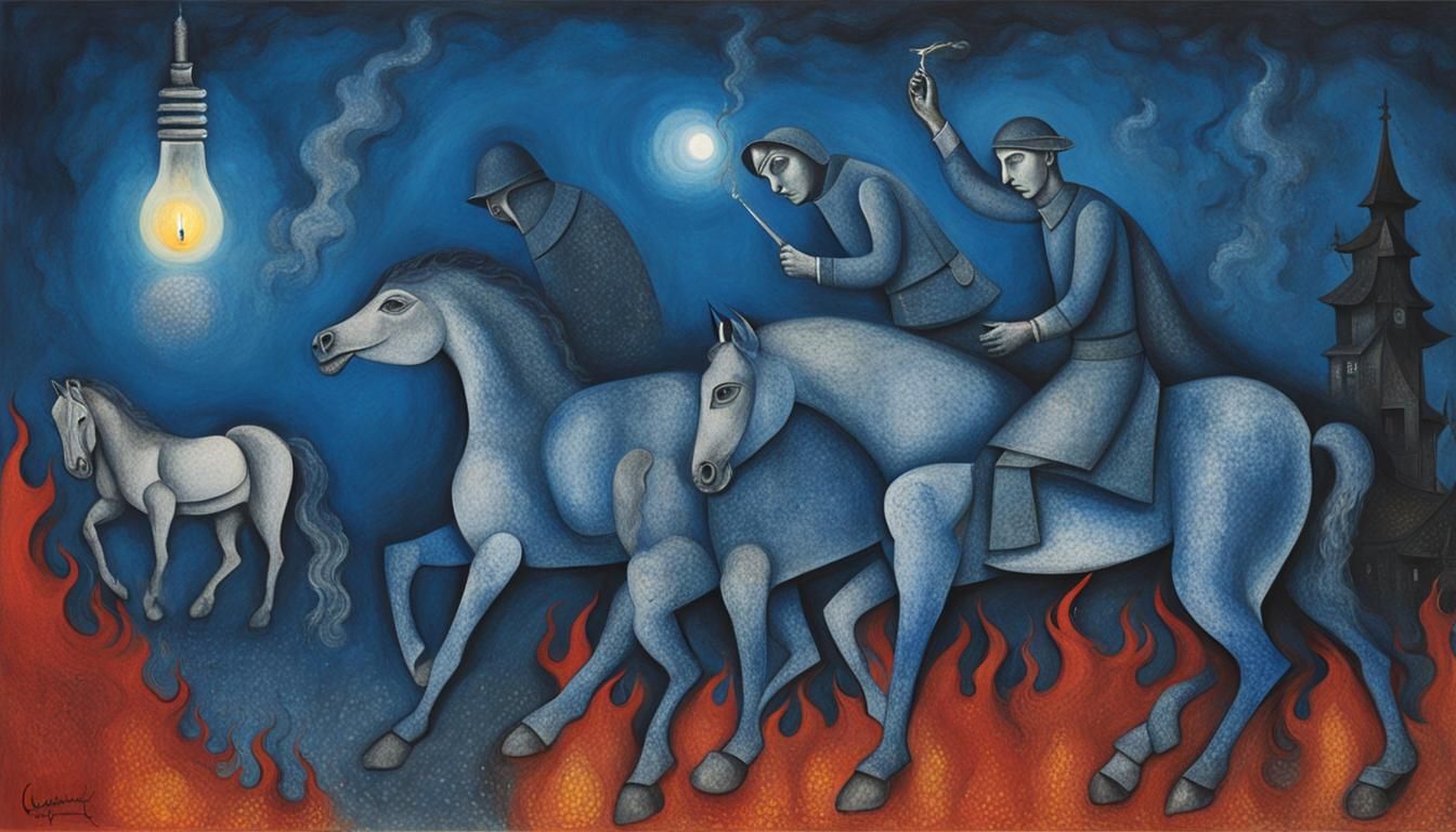 Cavalry Horses in Civil War Scene, Pointillism Style