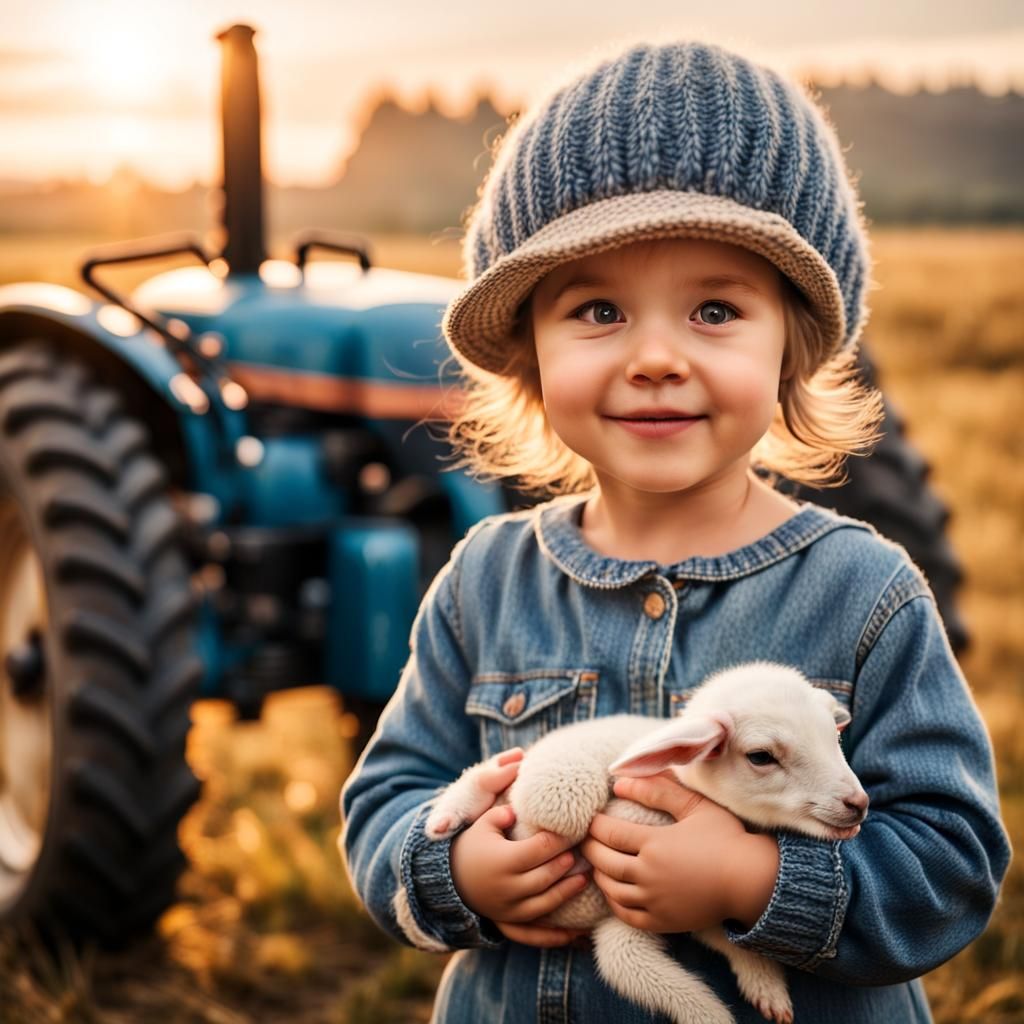 Toddler Girl Holding Lamb in Autumn Field