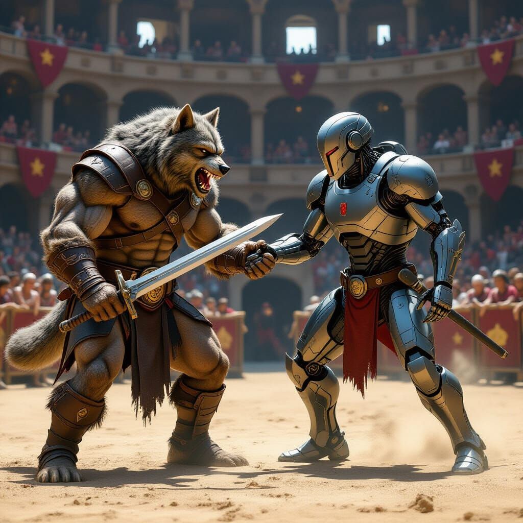 Werewolf Gladiator Faces Robot in Dystopian Arena