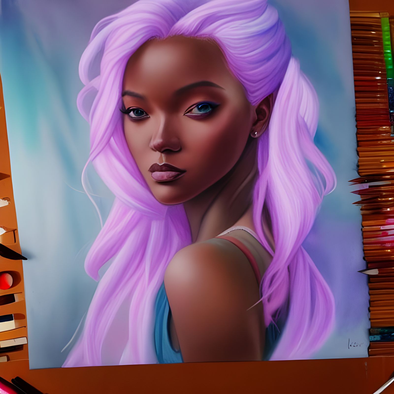 Pastel Watercolor Portrait of Woman with Pink Hair