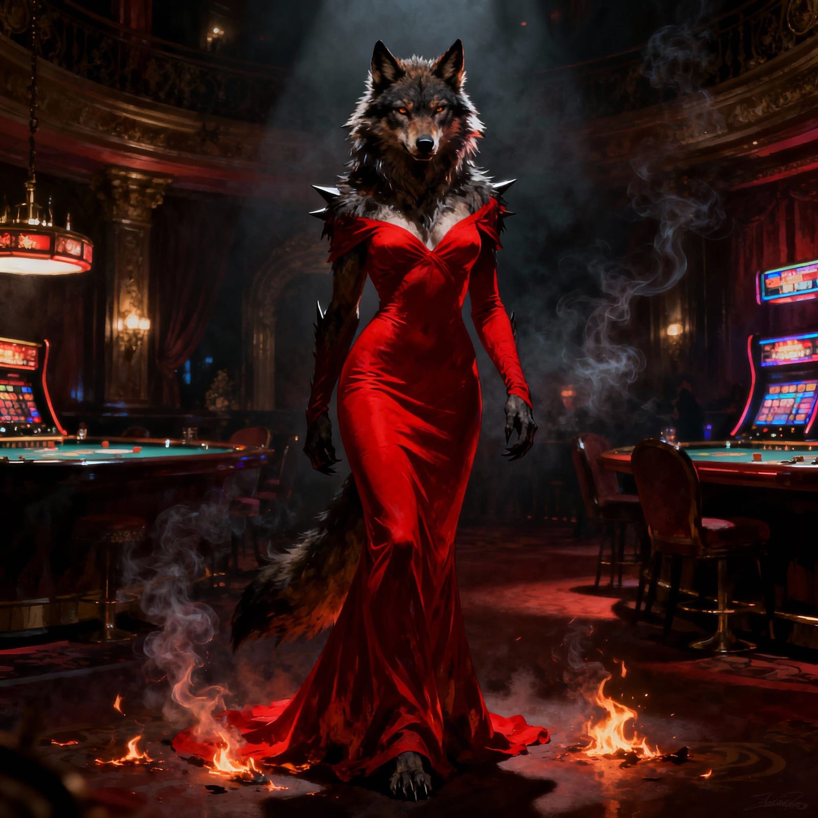 Loona in Red Dress in Opulent Chamber
