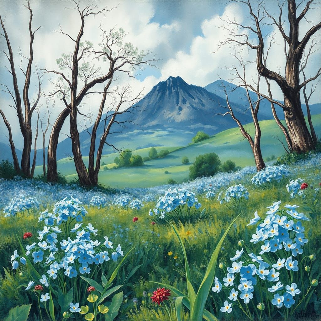 Epic Impressionist Masterpiece with Forget-Me-Not Flowers in...
