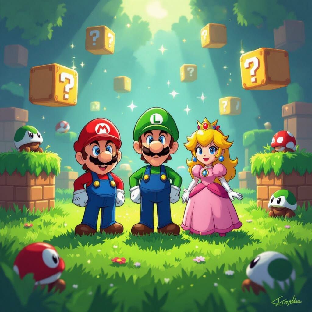 Mario, Luigi Peach With Goombas & Power Blocks