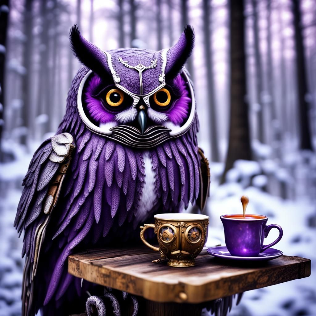 Steampunk Owl Sipping Tea in Winter Wonderland