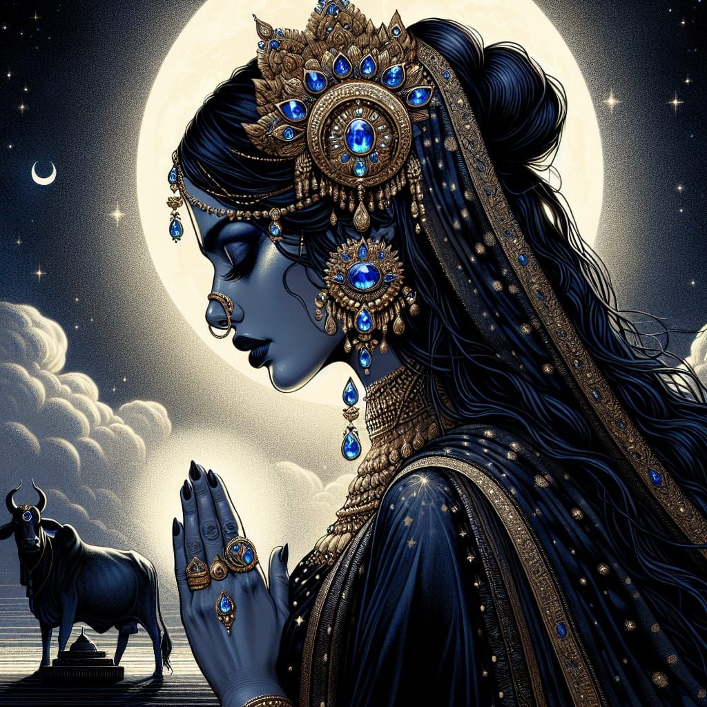 Aditi, Hindu Mother Goddess, in Prayer Under Moonlit Ancient...