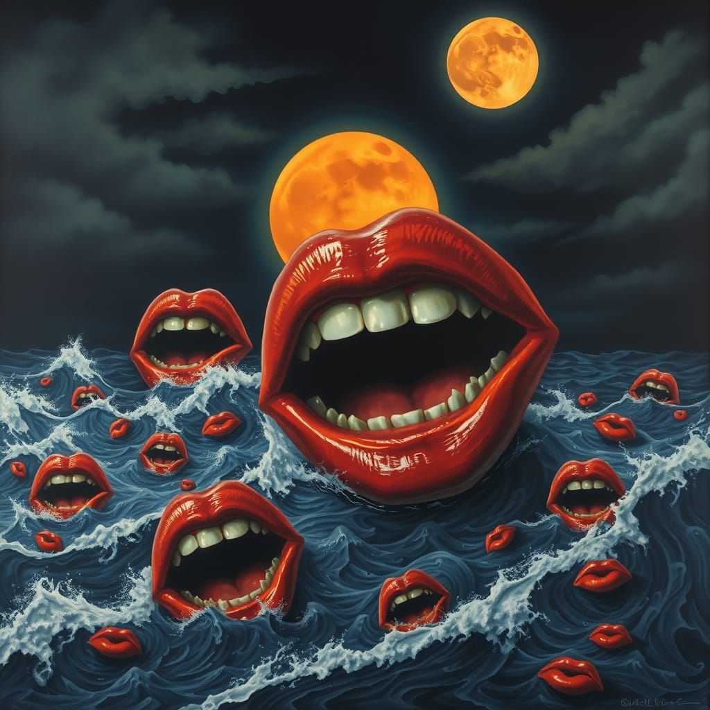 Surreal Red Lips with Vampire Teeth in Stormy Ocean
