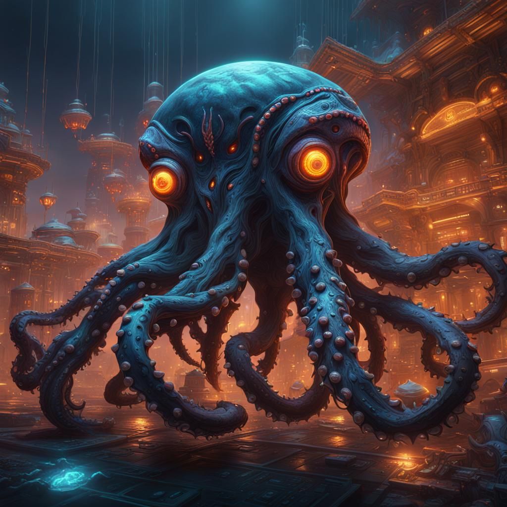 Cyber Octopus in Detailed Matte Painting Style