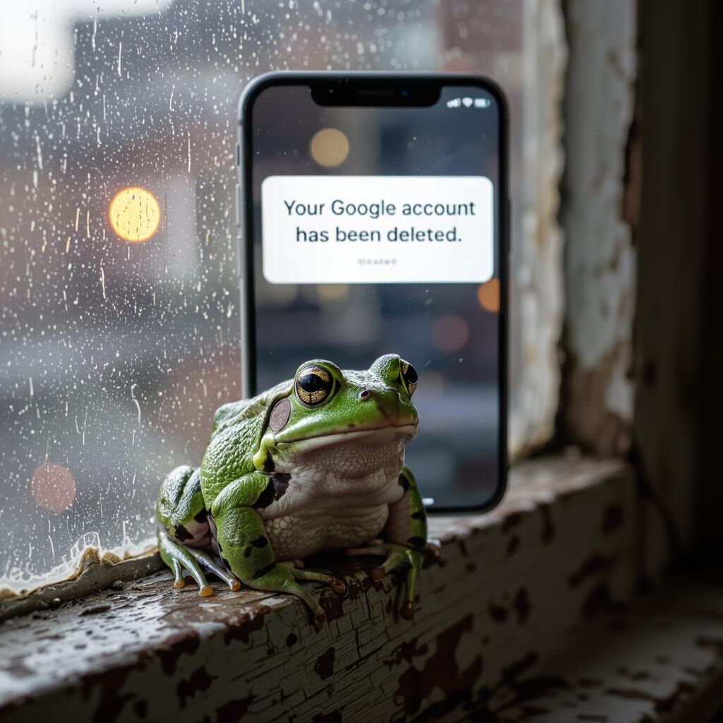 Melancholy Frog on Rainy Window with Smartphone Glow