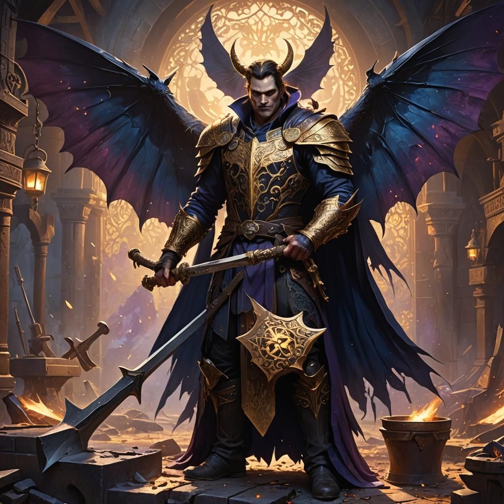 Vampire Blacksmith Forges Golden Axe in Fantasy Art