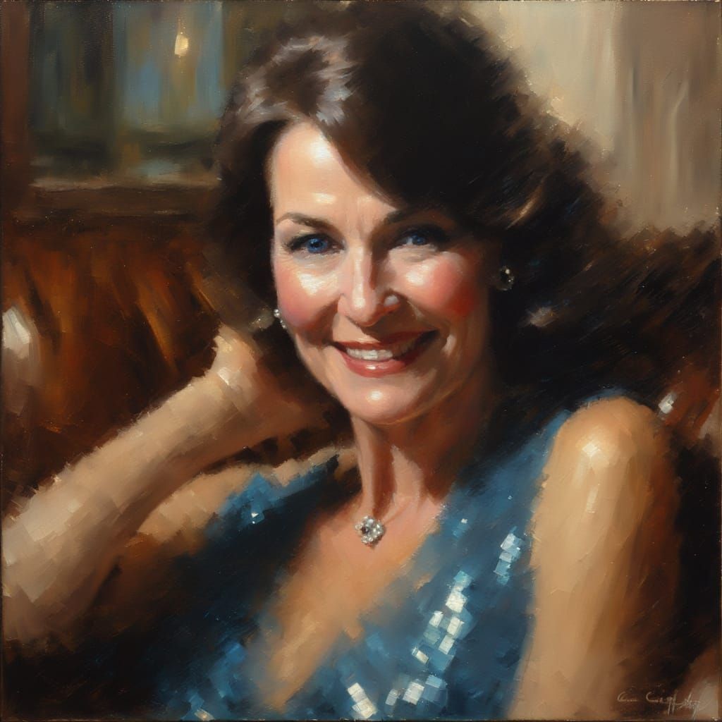 Elegant Woman in Blue Gown: Impressionistic Oil Portrait
