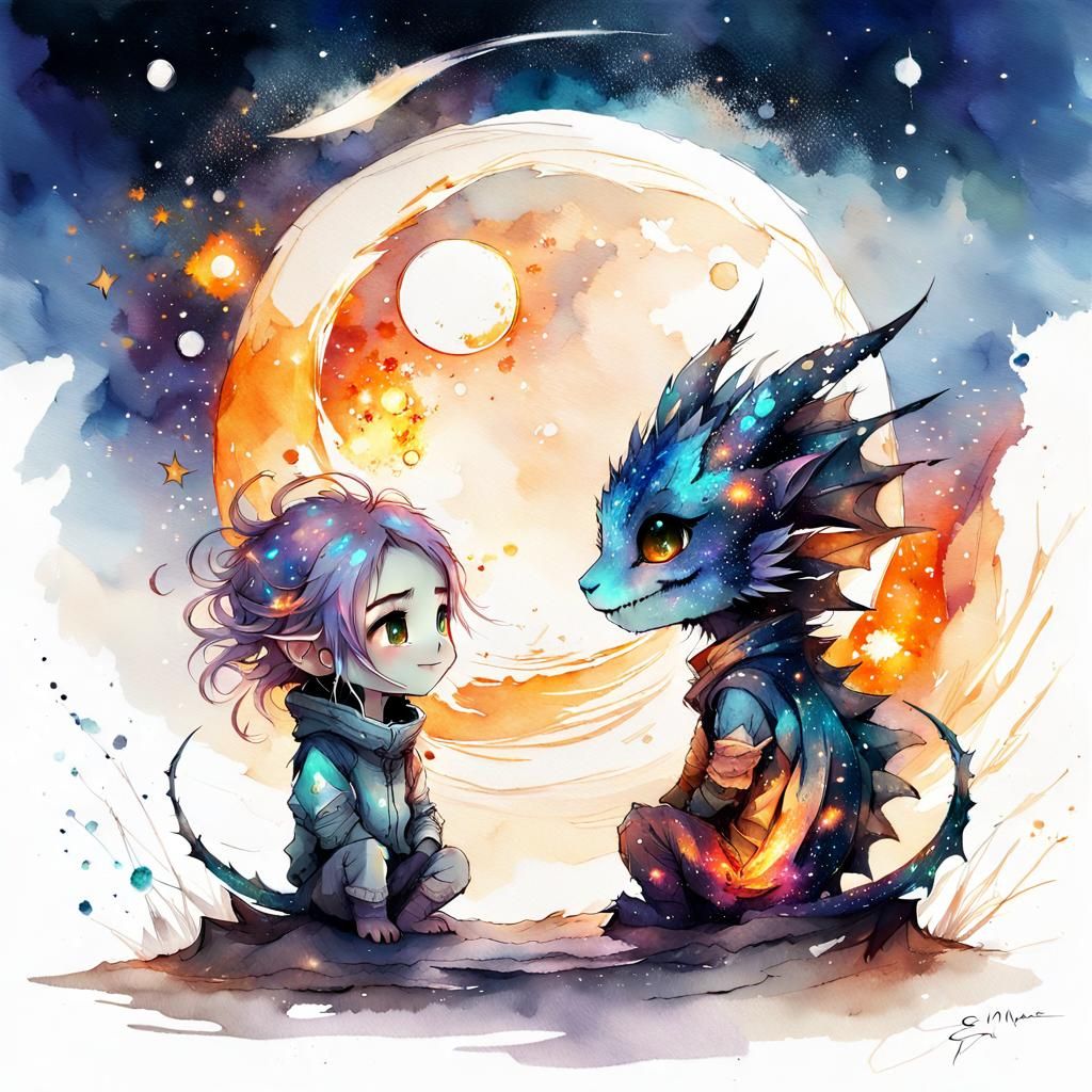 Cute Cosmic Dragon and Girl in Space
