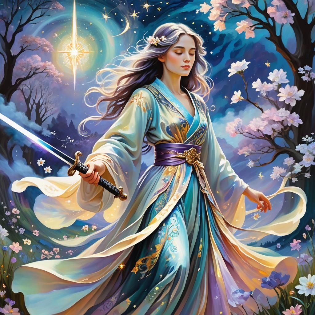 Female Wizard in Neo-Impressionistic Mystical Landscape
