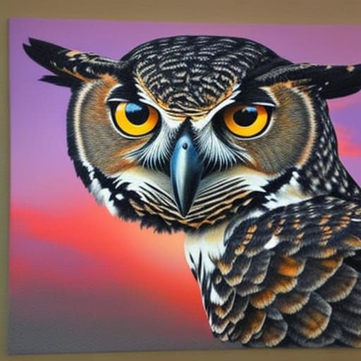 Great Horned Owl in Flight at Sunset: Charcoal Drawing