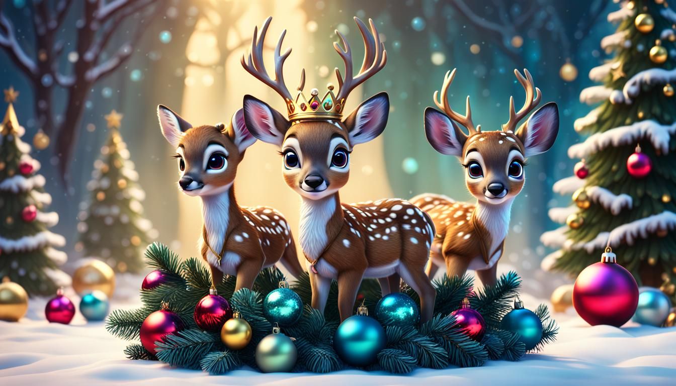 (baby deers wearing crown christmas trees balls decoration (kittens) Pixar, Disney, concept art, 3d digital art, Maya 3D...