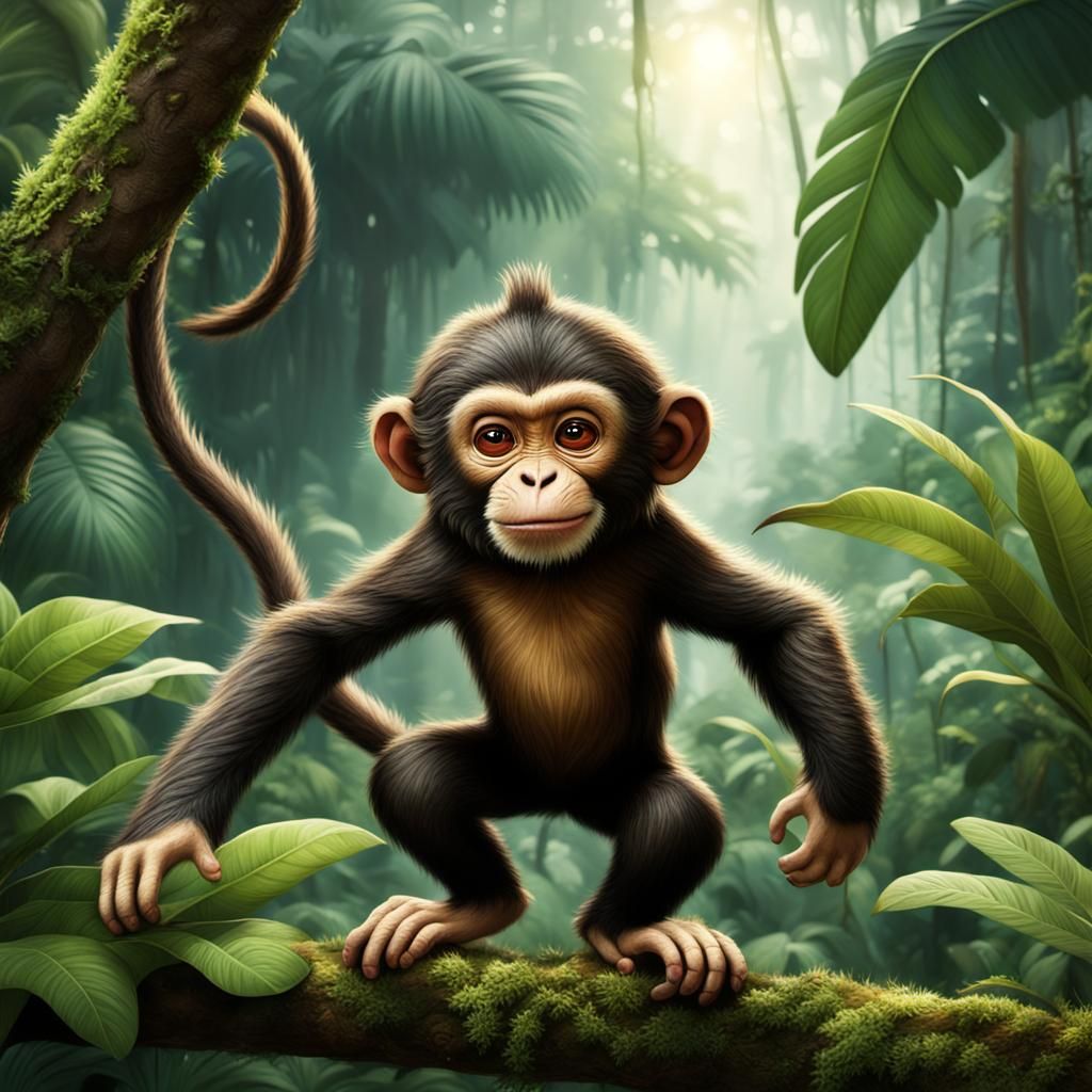 Cute Monkey Leaping Through Jungle Canopy