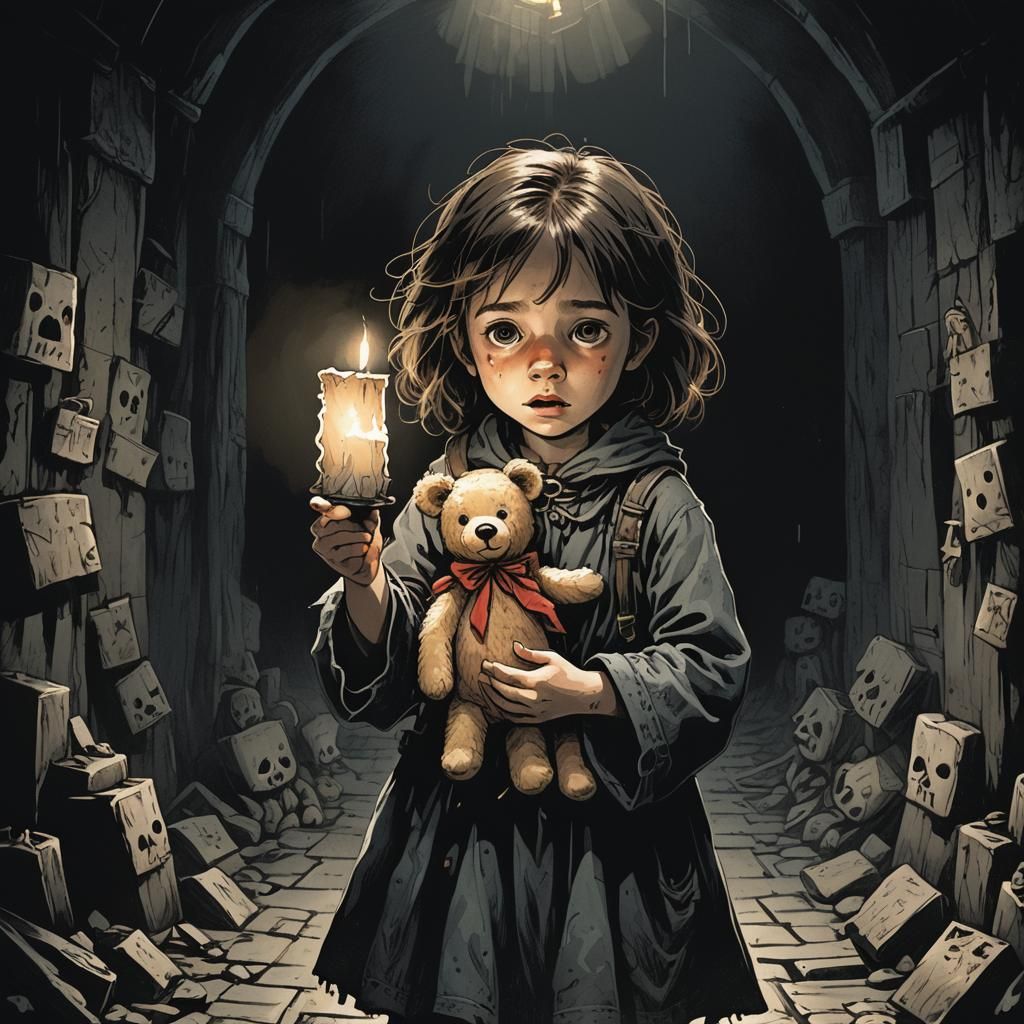 Terrified Child With Teddy Bear in Dungeon