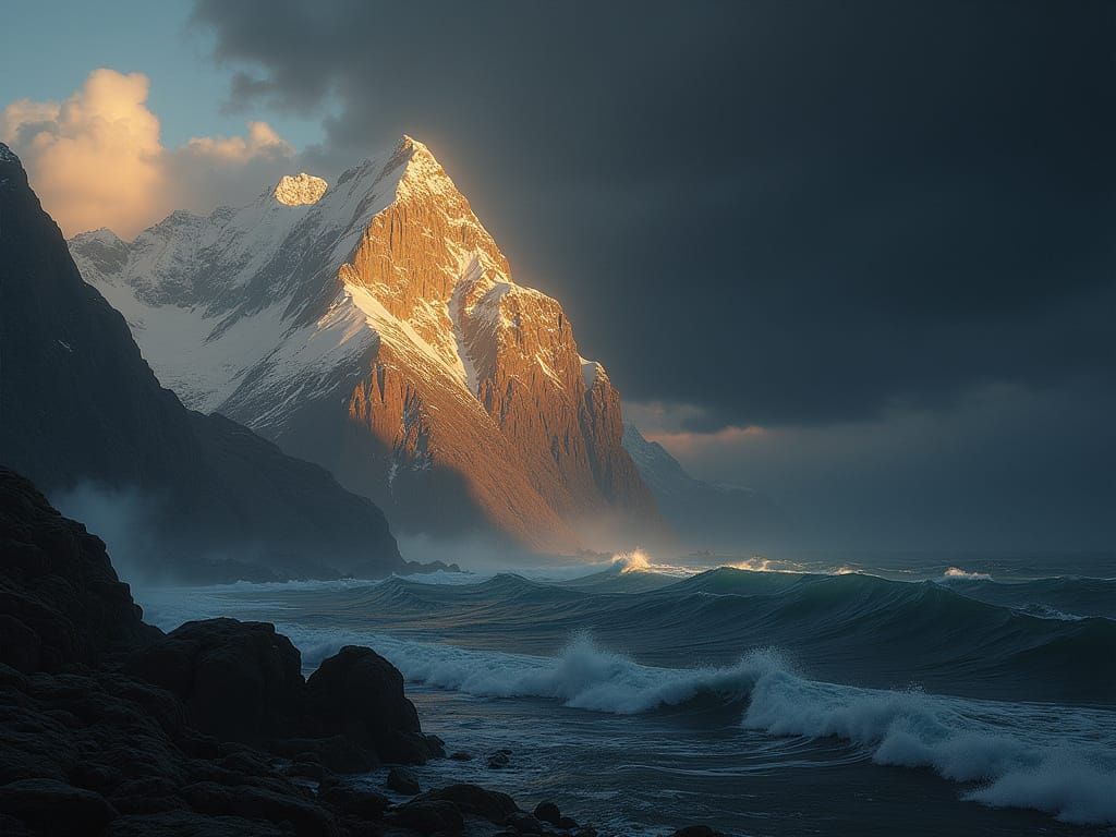 Epic Landscape: Sunlit Mountains Meet Stormy Coast