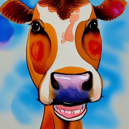 Smiling Cow in Gouache Watercolor