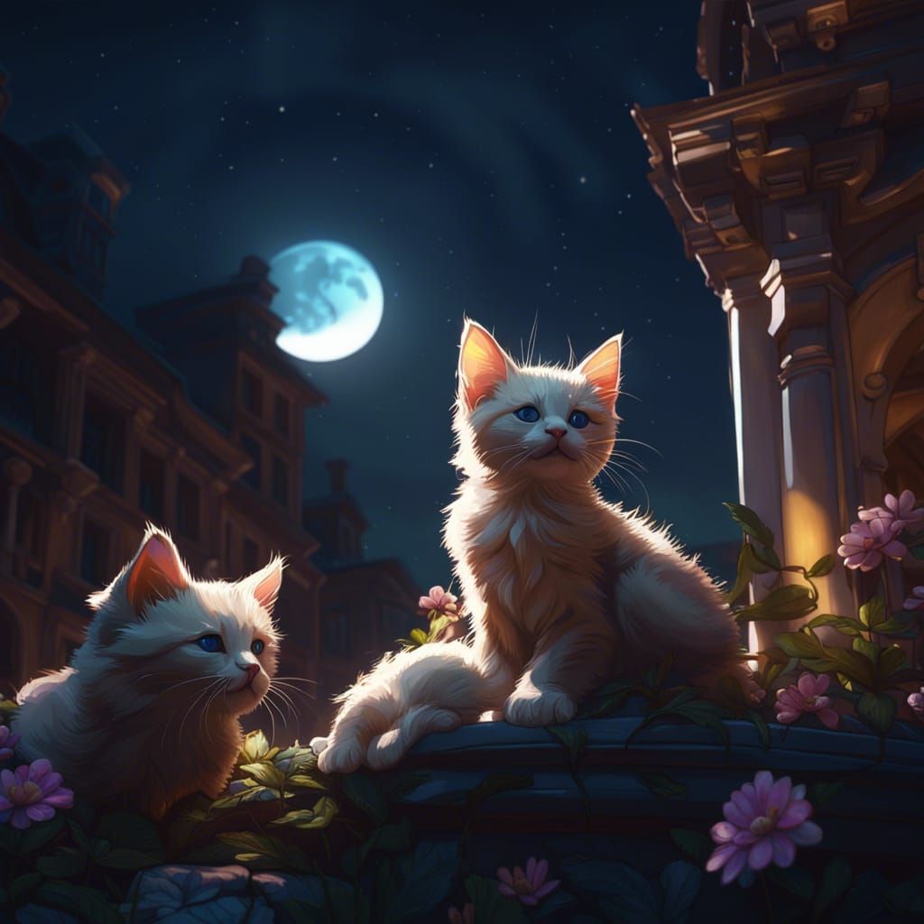 Moonlit Kittens: Hyperdetailed Concept Art