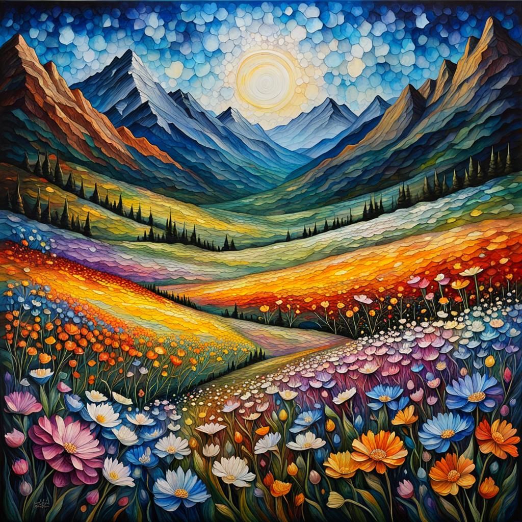 Mountain Flower Field: A Colorful 3D Masterpiece