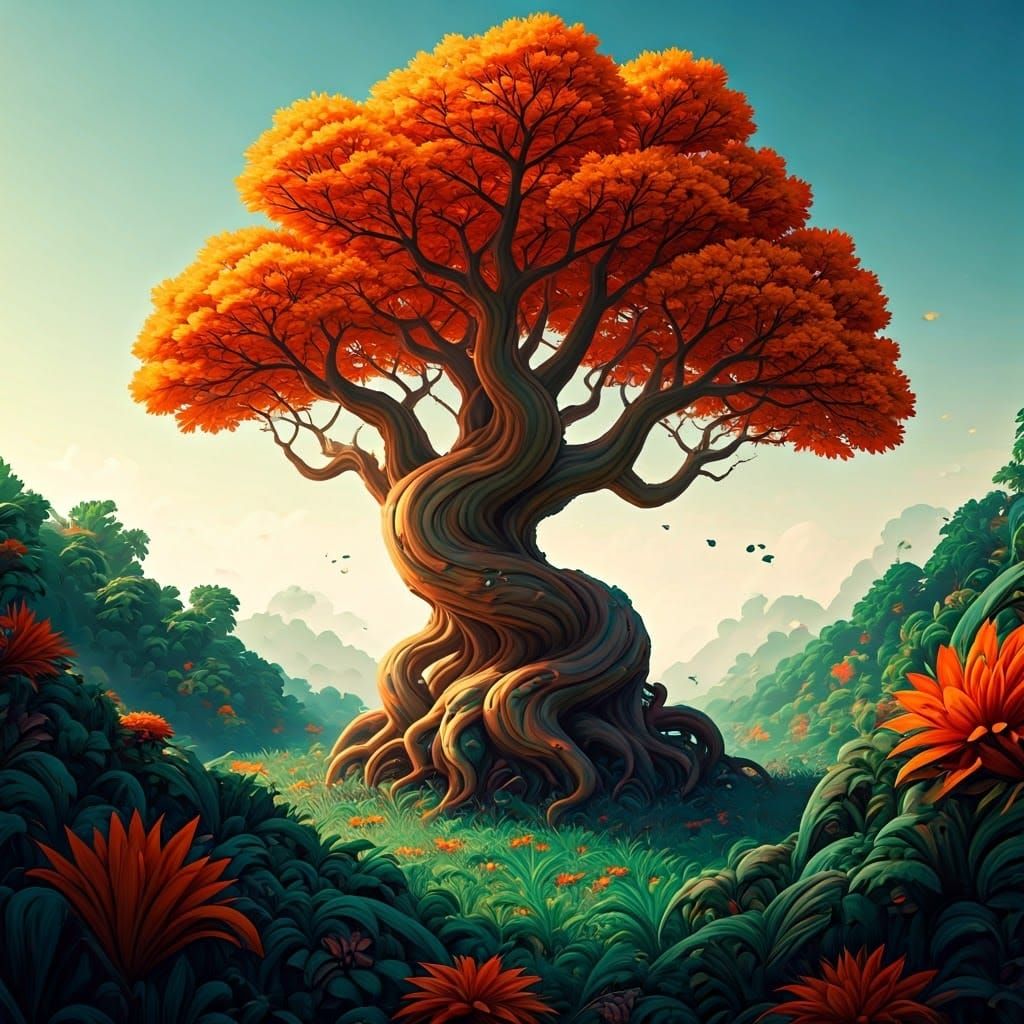 Fantastical Orange Tree in Dreamlike Landscape