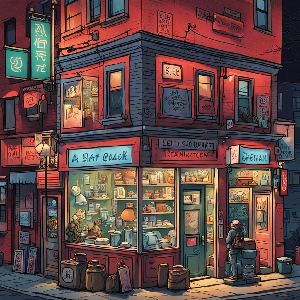 Enigmatic Shop in Bustling City at Night