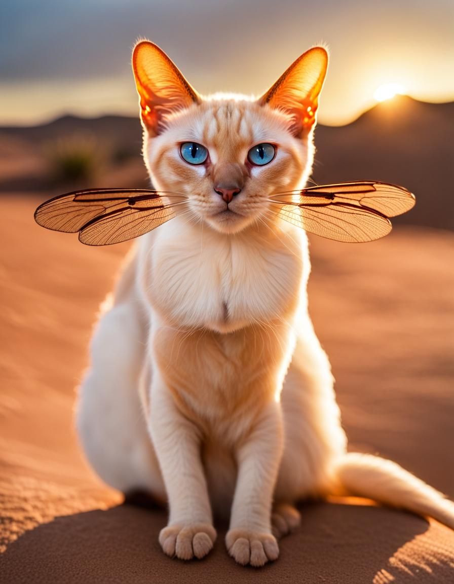 Siamese Cat with Dragonfly Wings at Sunset