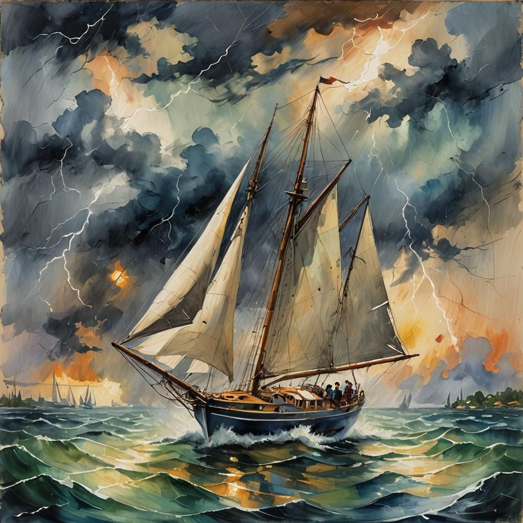 Sailboat Navigates Lightning Storm: Impasto Gouache Painting