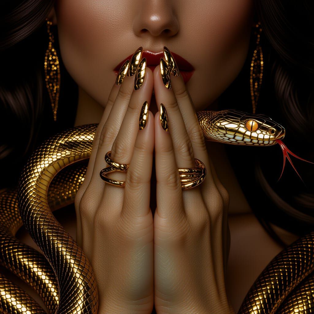 Dark Feminine Power: Hands in Prayer with Gold Nails and Sna...