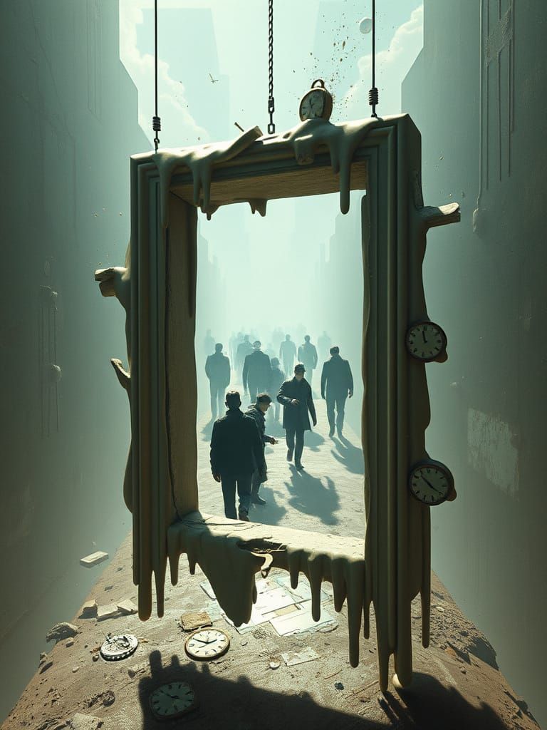 Surreal Doorway with Melting Clocks in Dreamscape