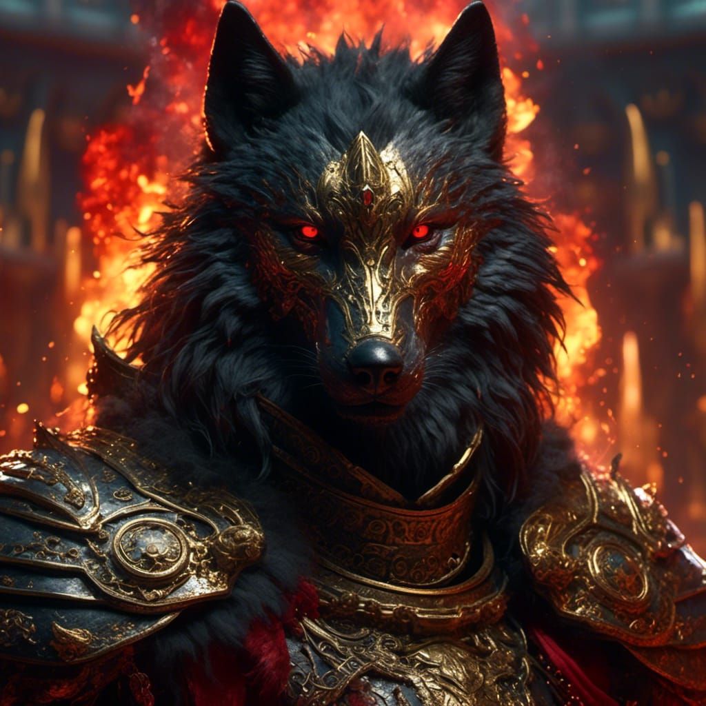 Armored Black Wolf with Flaming Background