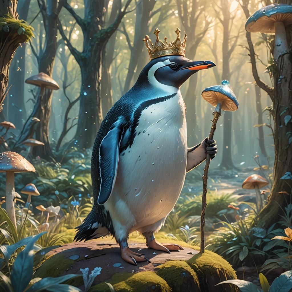 Fantasy Penguin King in Magical Forest Concept Art