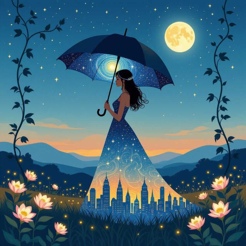 Dreamlike Starry Night Reflects in Woman's Gown