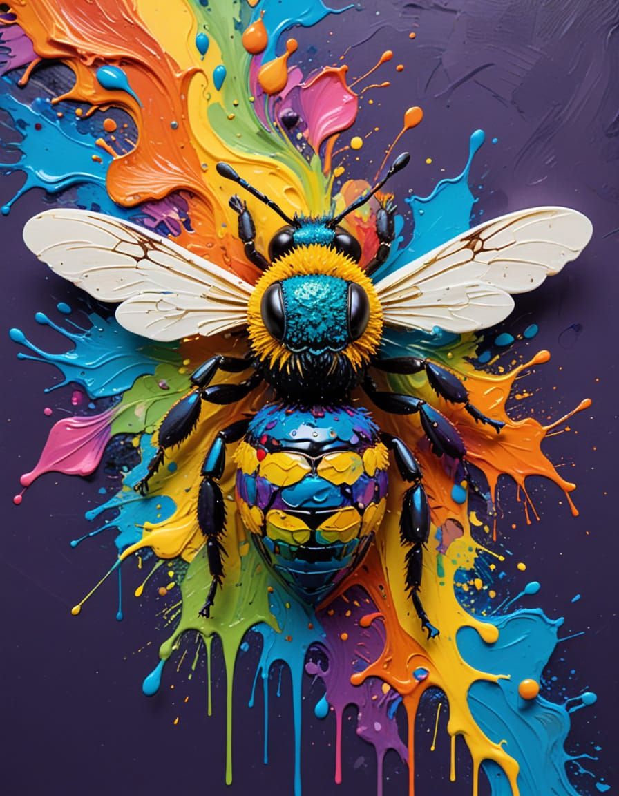 Vibrant Impasto Bee in a Psychedelic Floral Wonderland