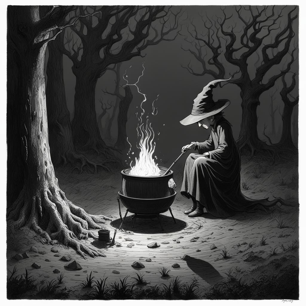 Lonely Witch Brews Potion Under Tree: Pixar Style