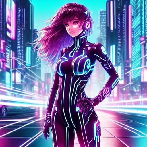 Anime art style female brunette mid-length hair wearing blac...