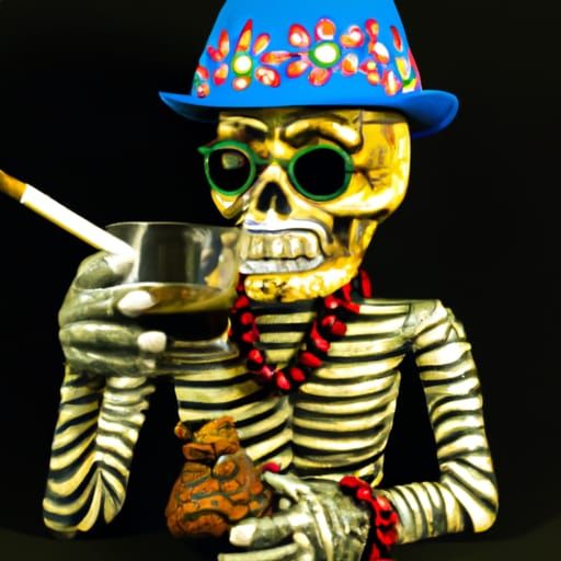 A skeleton smoking a fat cigar and holding a glass made by a patua folk painter , German WW2 hat , toon , male skull , b...