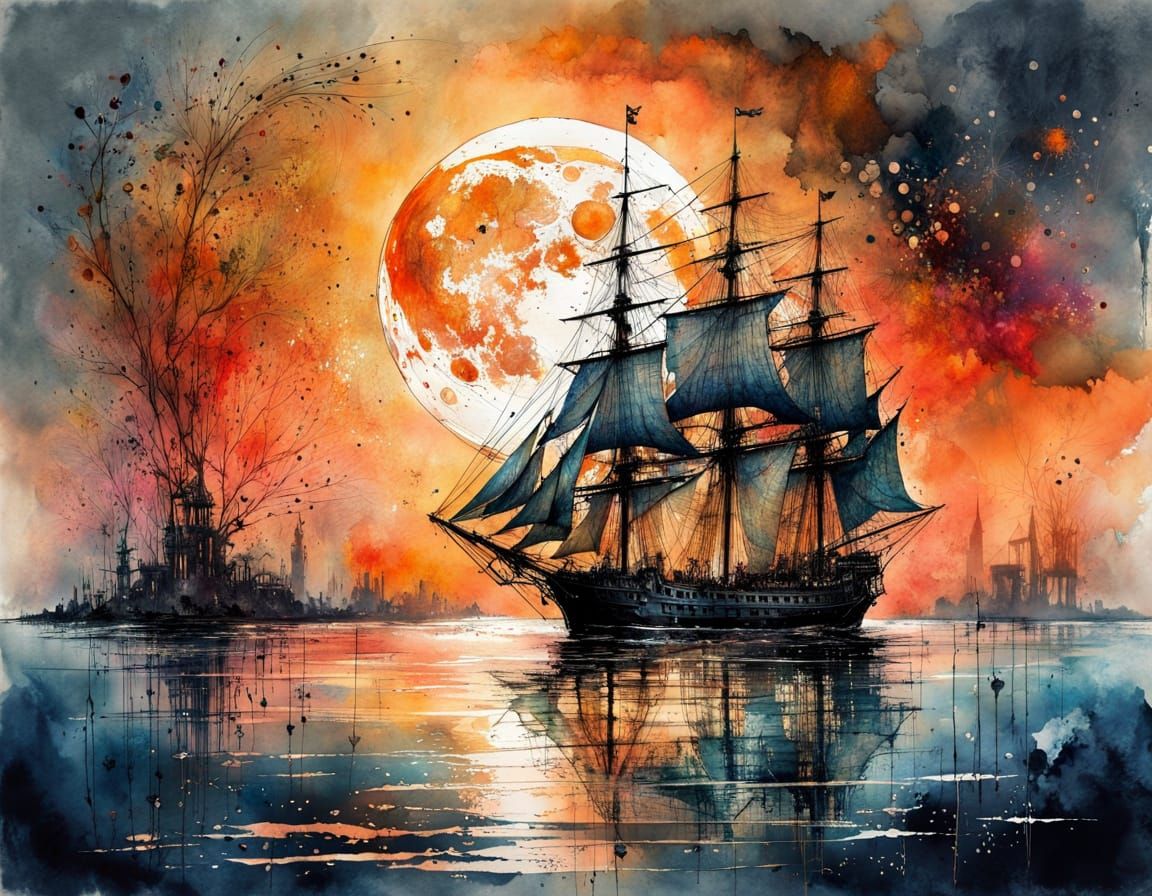 Majestic Sailing Ship Under Ethereal Moonlight