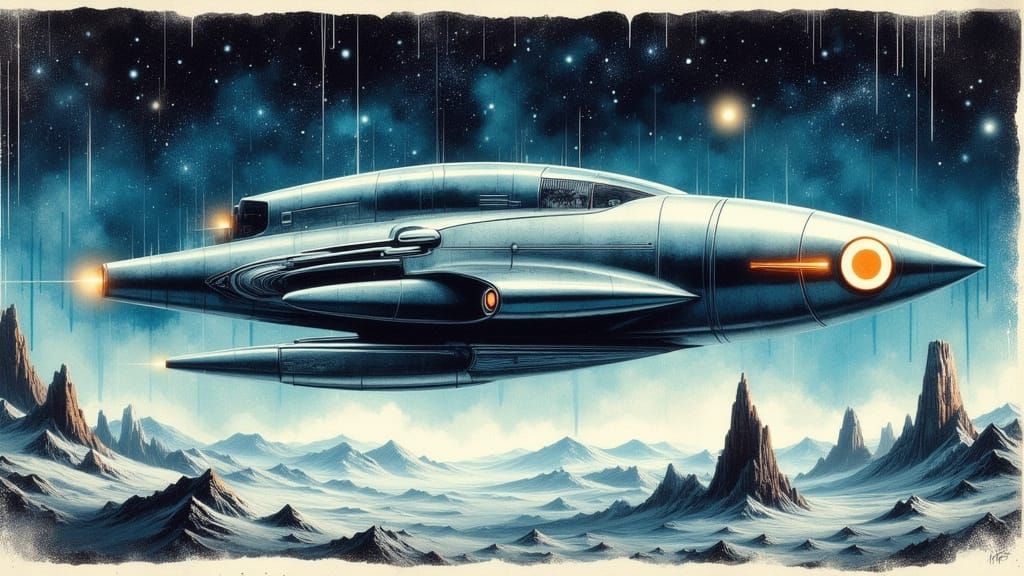 Retro Futuristic Space Vessel Over a Gradient Blue Backgroun...