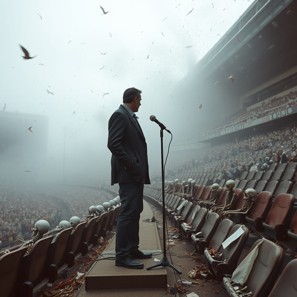 Man Asks for Votes in Haunting Post-Apocalyptic Stadium