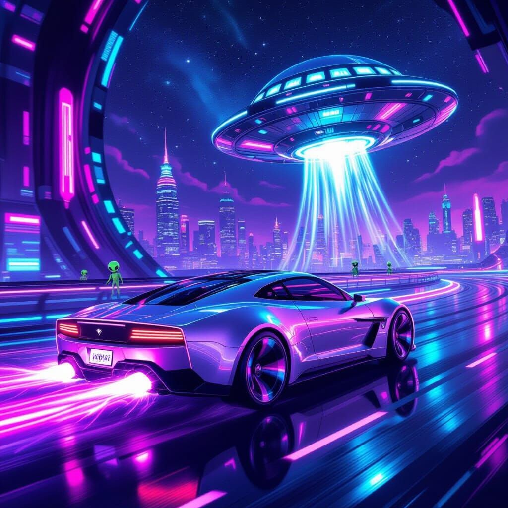Futuristic Car Speeds Towards Portal Amidst Neon Cityscape