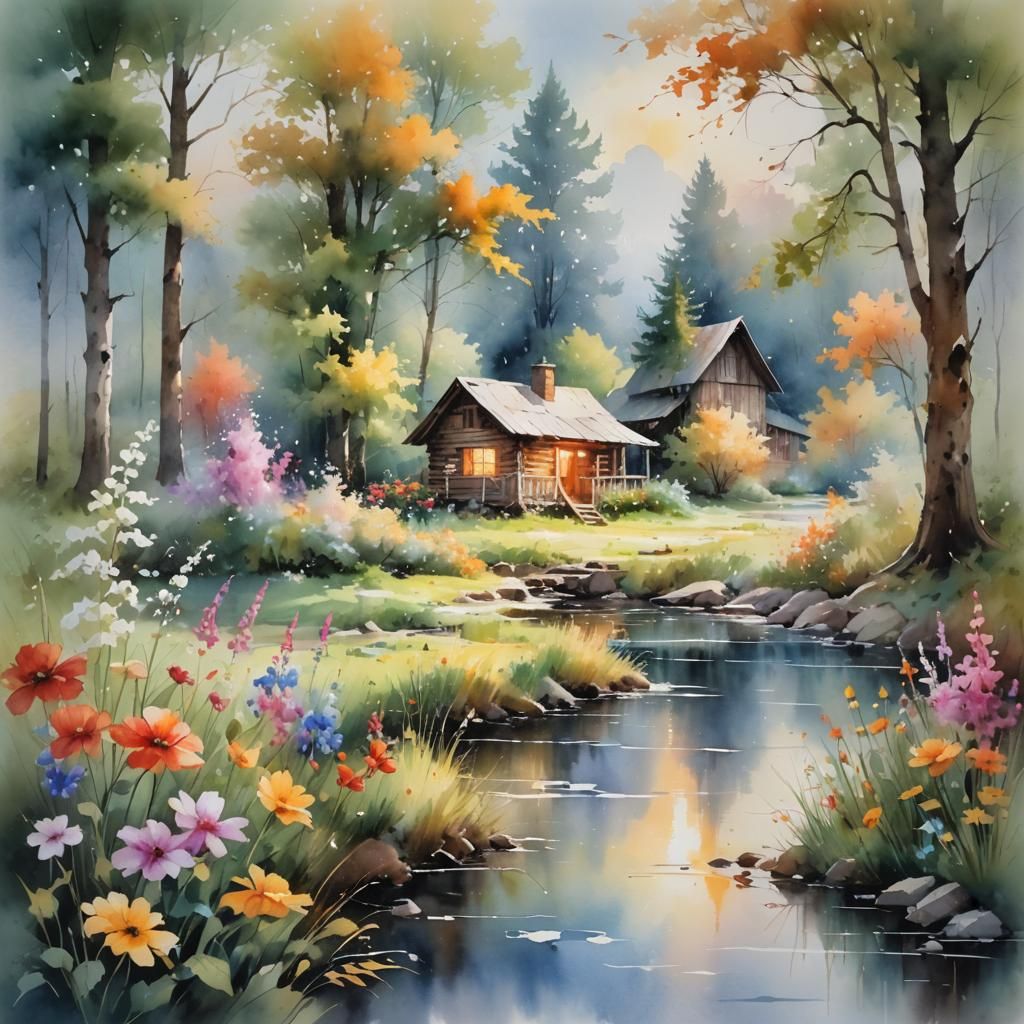 Watercolor Landscape with River and Cabin